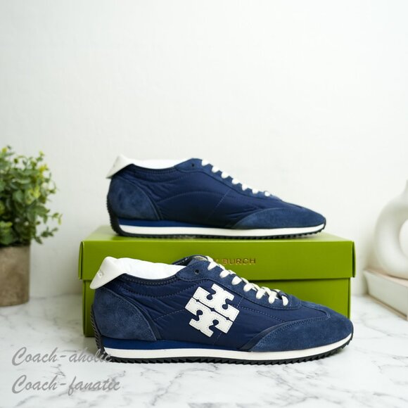 Tory Burch T-Logo Nylon Suede Vintage Sneaker 2.0 in Tory Navy/Blanc - Picture 2 of 14